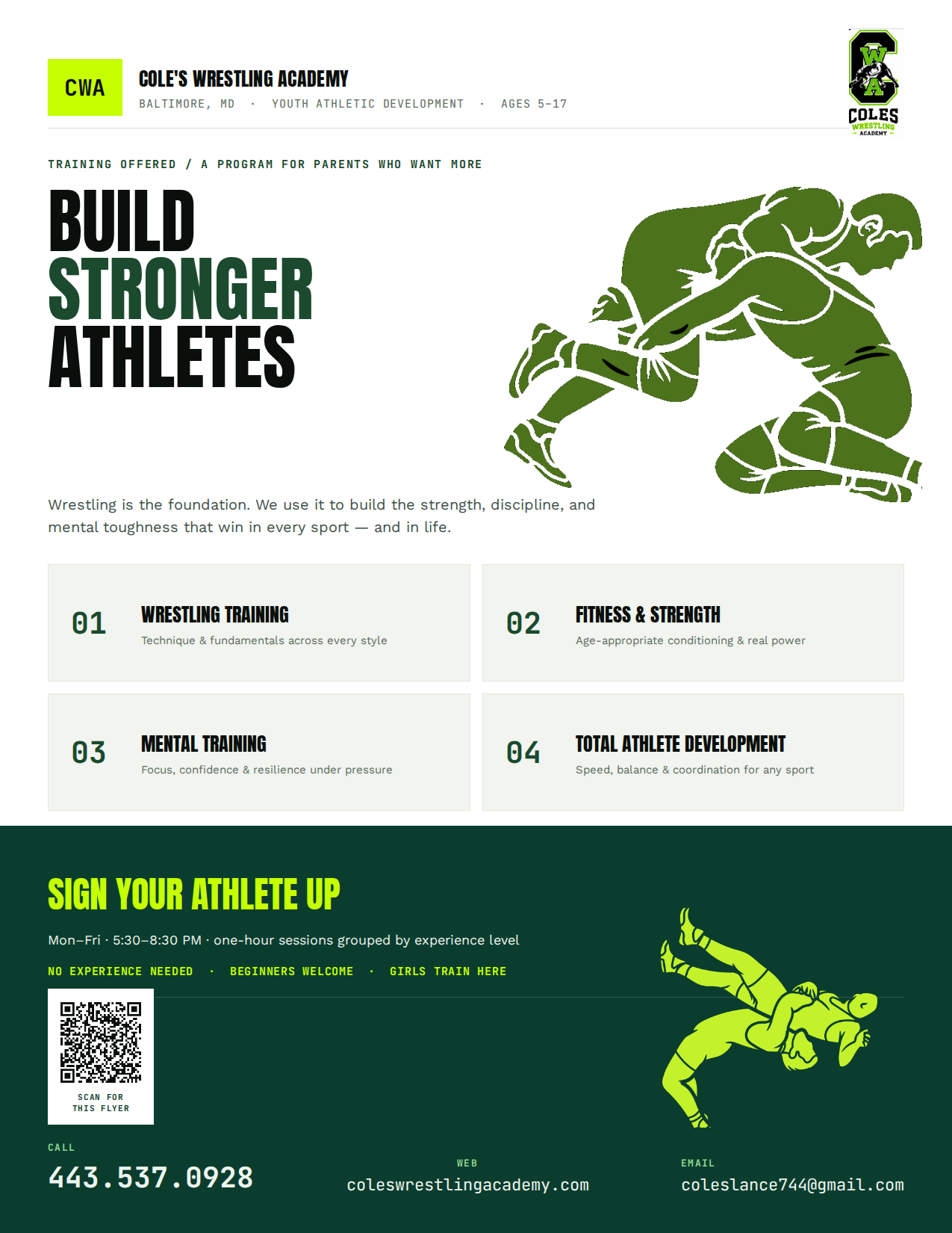 Coles' Wrestling Academy information flyer — programs, training schedule, and contact info